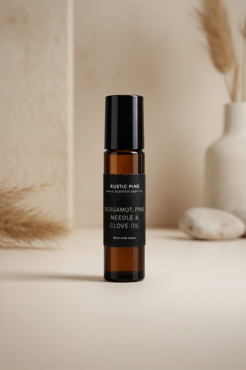 Rustic Pine Mens scented body oil 10 ml roller All Natural Botanicals helps to minimize dark spots and scars and smells amazing 