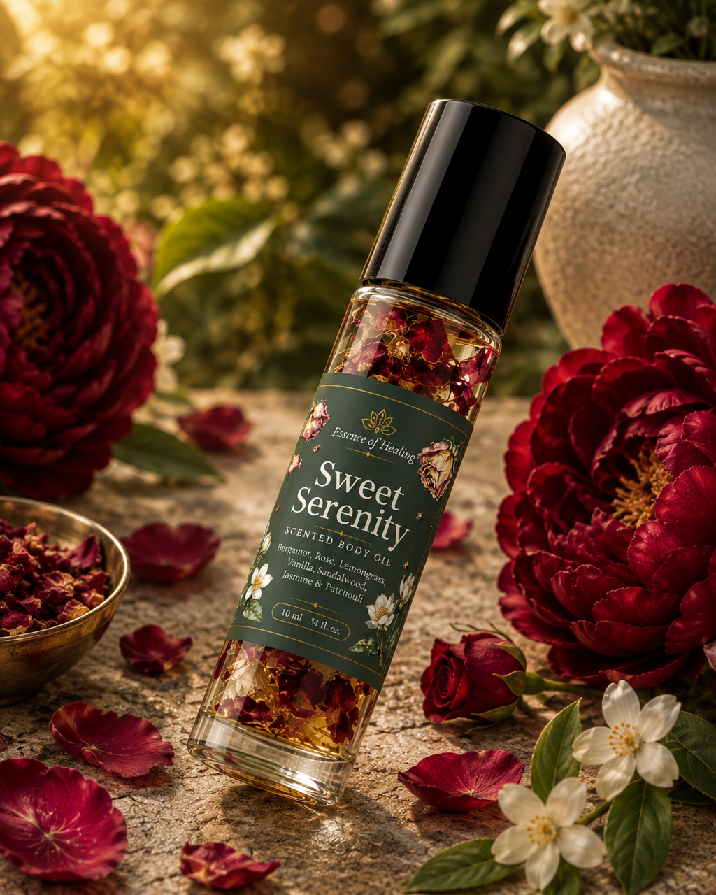 A clear glass roller bottle of Sweet Serenity scented body oil with a black cap, surrounded by red roses, petals, and white blossoms on a stone surface with a warm blurred garden background.