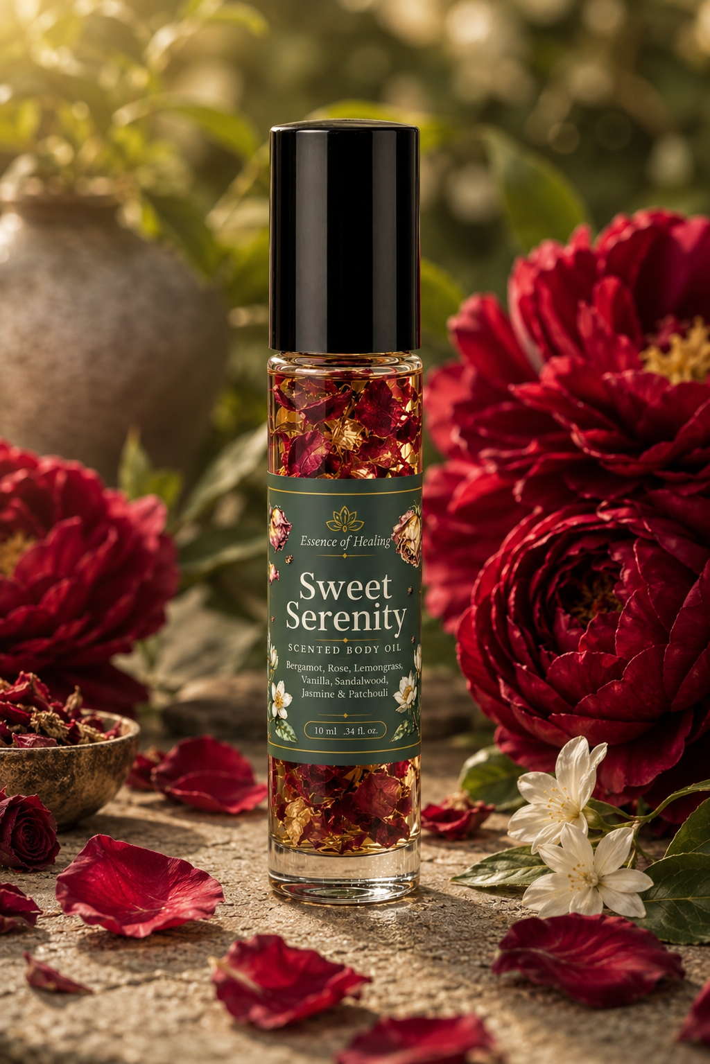 A clear glass roller bottle of Sweet Serenity scented body oil with a black cap and green label, surrounded by red flowers, petals, and green foliage on a stone surface.