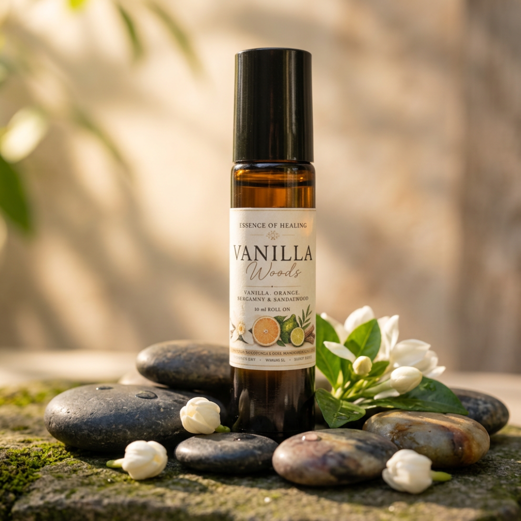 A bottle of Vanilla Woods Vanilla Orange Therapeutic & Handmade Oil stands on a mossy stone surface surrounded by smooth river stones and white flowers, with a softly blurred natural background.