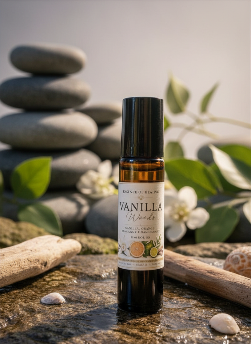 A bottle of Vanilla Woods essential oil dropper bottle standing on wet stones with driftwood, shells, and stacked smooth rocks in the background.