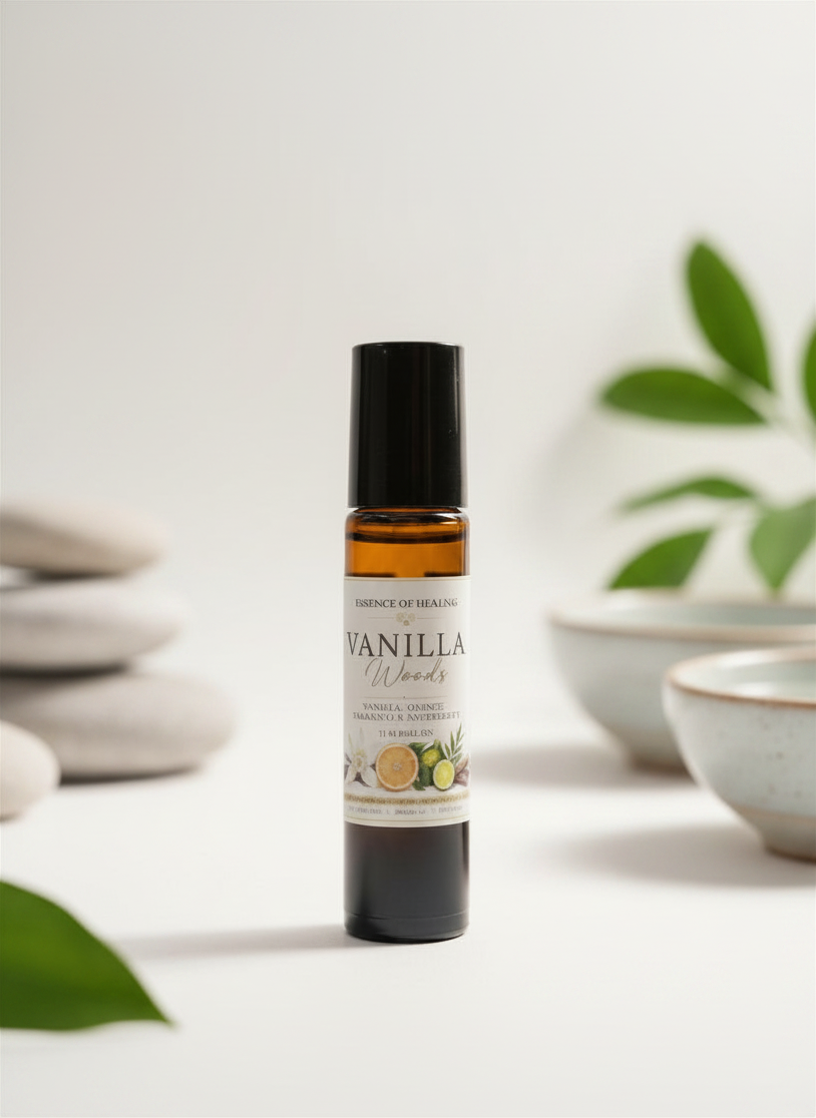 Vanilla Woods essential oil bottle on a white surface with a blurred background