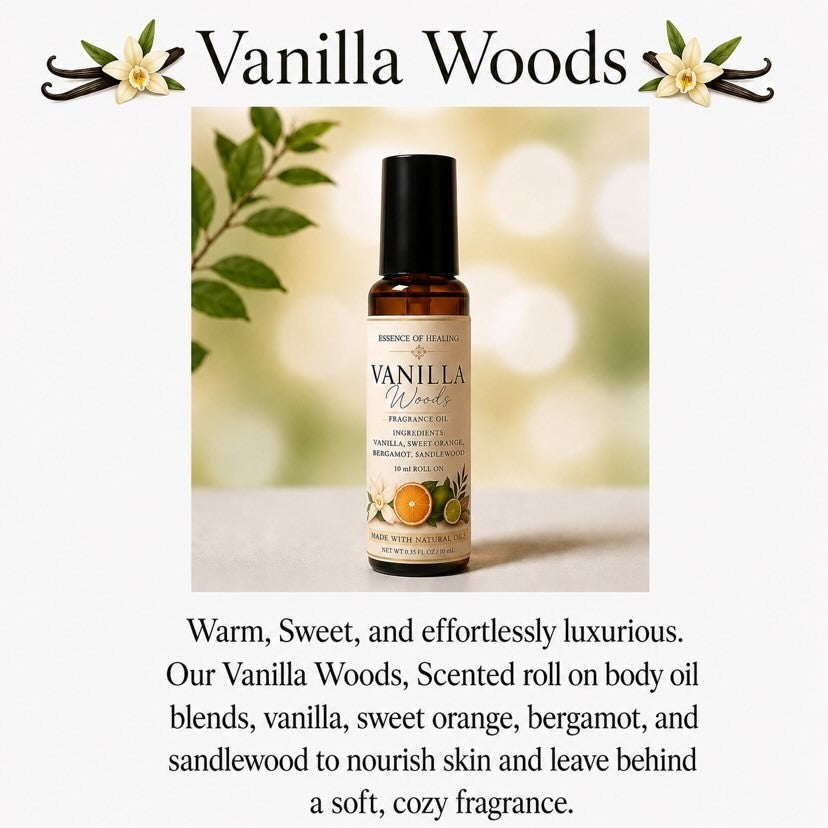 Vanilla Woods scented roll on body oil bottle with vanilla and orange elements on a blurred background